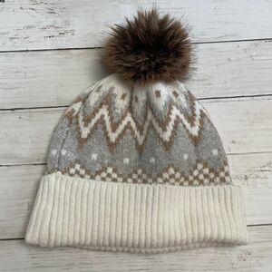 Super Soft Cozy Winter Hat Max Studio Polyester Pom Pom Beanie Brown Gray Cream